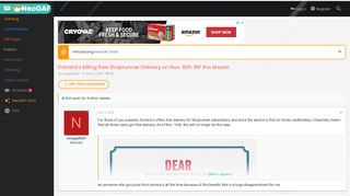
Domino's killing free Shoprunner Delivery on Nov. 16th. RIP the ...  
