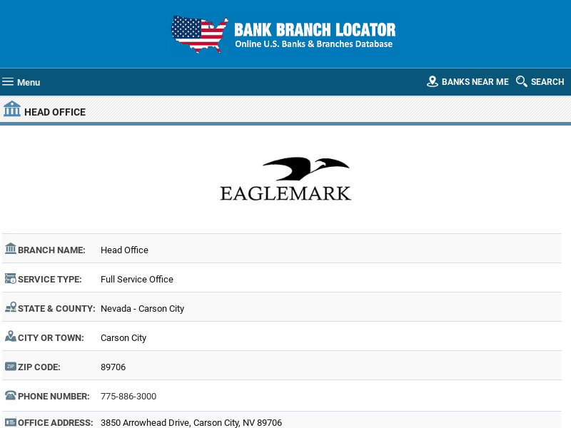 
                            8. Eaglemark Savings Bank Head Office Branch - Carson City, NV