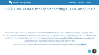
                            7. ECENTRAL.COM email server settings - POP and SMTP ...