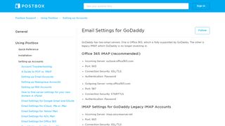 
Email Settings for GoDaddy – Postbox Support  
