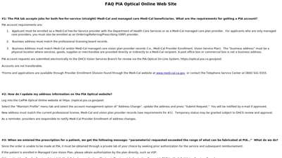 FAQ PIA Optical Online Web Site