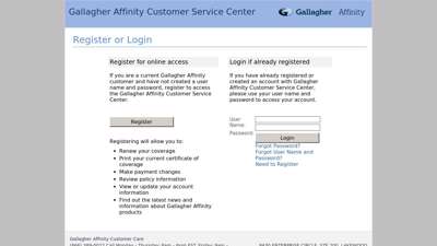 Gallagher Affinity Customer Service Center: Register or Login