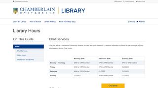 
                            6. Home - Library Hours - Home at Chamberlain University - Chamberlain College Of Nursing Library Portal