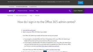
                            5. How do I log in to the Office 365 admin centre? | BT Business - Portal Onmicrosoft Login