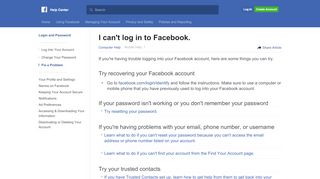 
                            2. I can't log in to Facebook. | Facebook Help Center | Facebook - Facebook Portal Problems 2016