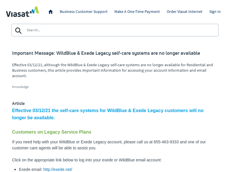
                            7. Important Message: WildBlue & Exede Legacy self-care ...
