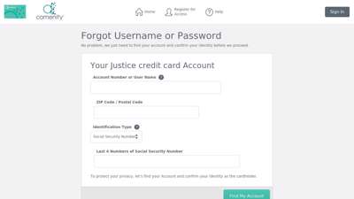 
                            4. Justice credit card - Forgot Username or Password