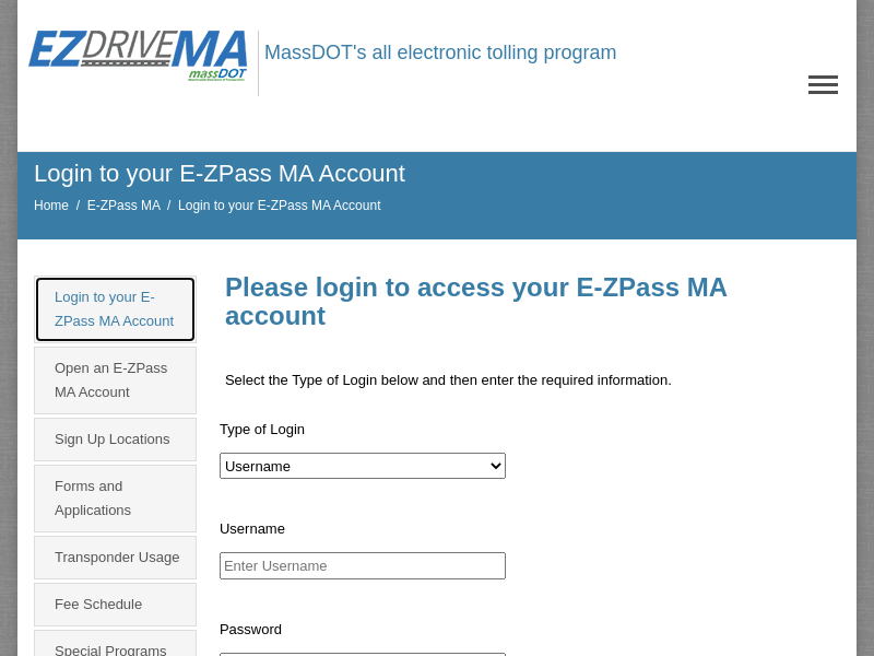 Login to your E-ZPass MA Account