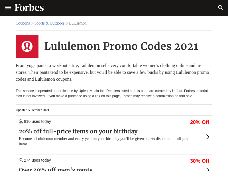 
                            7. Lululemon Promo Codes | 20% Off In October 2021 | Forbes