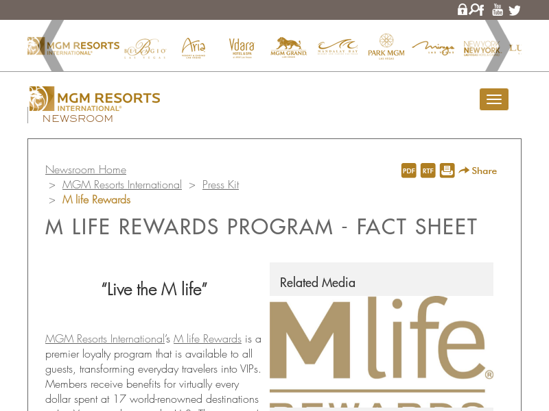 M life Rewards Program - Fact Sheet  MGM Resorts ...
