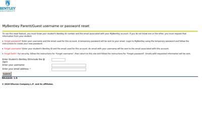 MyBentley Parent/Guest username or password reset