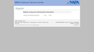 NAPA Customer Service Center: Register