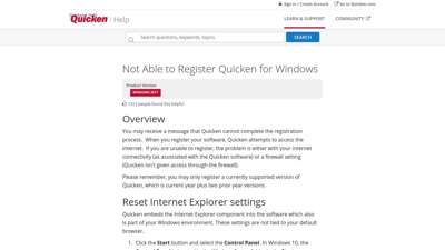 Not Able to Register Quicken for Windows