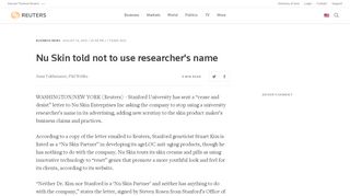 
Nu Skin told not to use researcher's name - Reuters  
