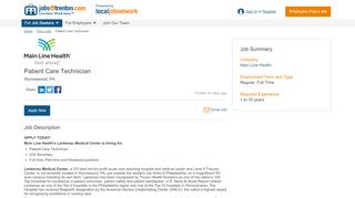 
Patient Care Technician - Job at Main Line Health in ...  
