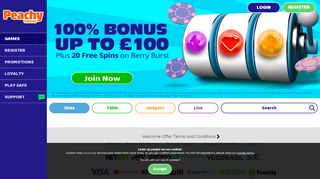 
                            5. Peachy Games Casino - Up to £100 bonus + 20 free spins - Peachy Login