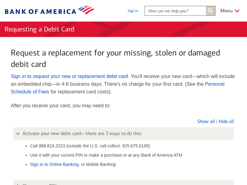 
                            1. Requesting a Debit Card - Bank of America