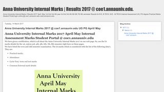 Results 2017 @ coe1 ... - Anna University Internal Marks - Anna University Internal Marks 2017 Student Portal Page