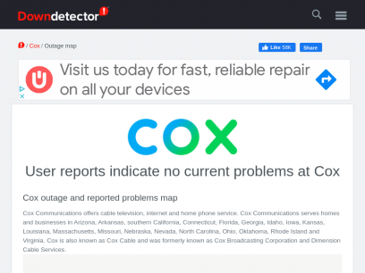 Cox outage and reported problems map |
 Downdetector