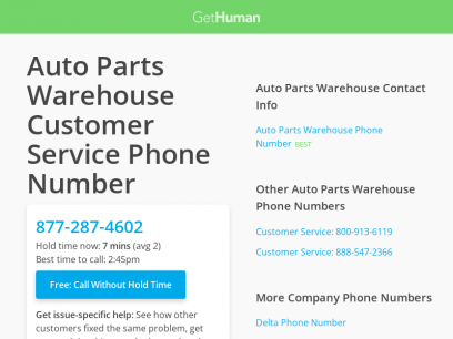 Auto Parts Warehouse Customer Service Phone Number #3 : 877-287-4602