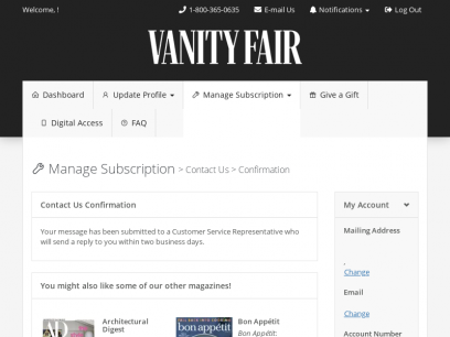 Contact Us Confirmation - Vanity Fair Customer Service