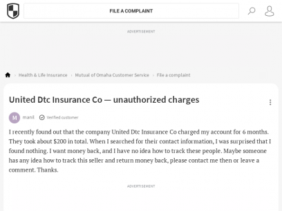 United Dtc Insurance Co Review: Unauthorized charges | ComplaintsBoard.com