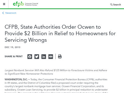 CFPB, State Authorities Order Ocwen to Provide $2 Billion in Relief to Homeowners for Servicing Wrongs | Consumer Financial Protection Bureau
