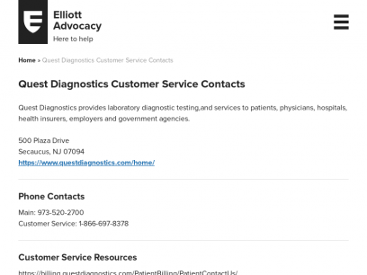 Quest Diagnostics Customer Service Contacts - Elliott Advocacy