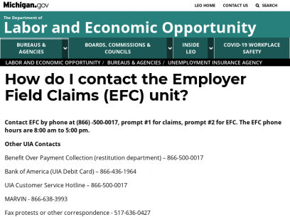 Labor and Economic Opportunity - How do I contact the Employer Field Claims (EFC) unit?