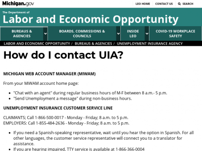 Labor and Economic Opportunity - How do I contact UIA?