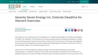 
                            6. Seventy Seven Energy Inc. Extends Deadline for Warrant ... - 77nrg Sse Portal