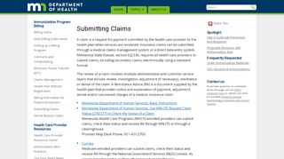 
Submitting Claims - Minnesota Dept. of Health  
