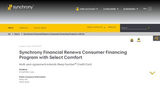
                            7. Synchrony Financial Renews Consumer Financing Program ... - Sleep Number Bed Credit Card Portal