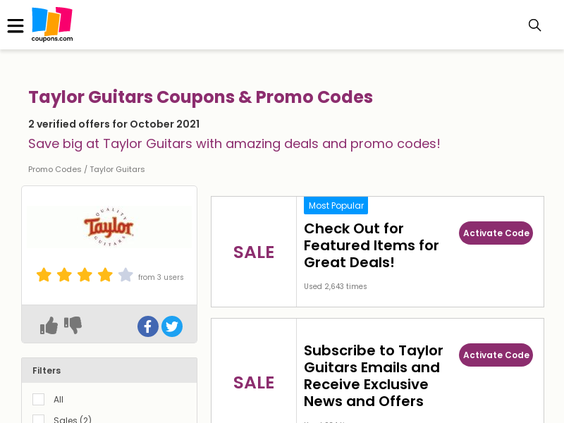 
                            10. Taylor Guitars Promo Codes, Coupons & Deals - Oct 2021