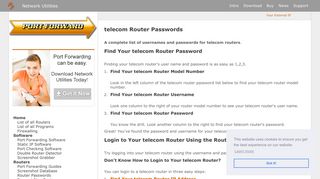 
telecom Router Passwords - Port Forwarding  
