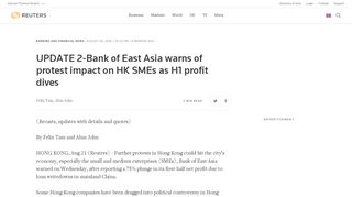 
UPDATE 2-Bank of East Asia warns of protest impact on HK ...  
