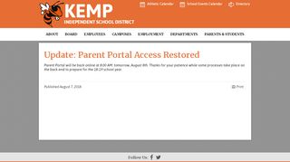 
Update: Parent Portal Access Restored - Kemp ISD
