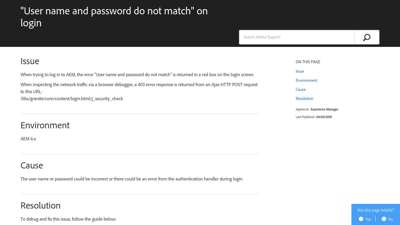 "User name and password do not match" on login