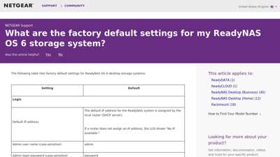 What are the factory default settings for my ReadyNAS OS 6 ...