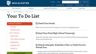 
                            1. Your To Do List - Welcome Admitted Students - Macalester College - Macalester Student Portal