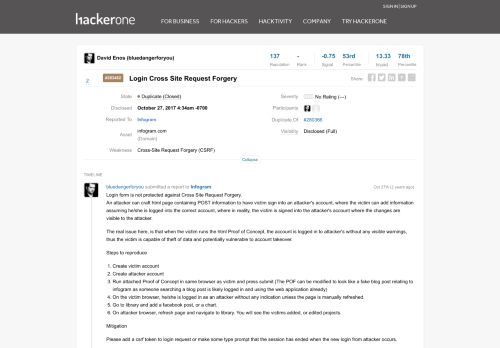 
                            1. 283482 Login Cross Site Request Forgery - HackerOne