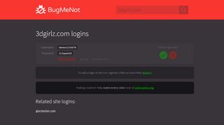 
                            1. 3dgirlz.com passwords - BugMeNot