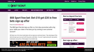 
                            7. 888 Sport free bet: Bet £10 get £30 in free bets sign up offer