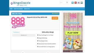 
                            6. 888ladies | Deposit £10 & Play With £40 | Free Bingo Sites