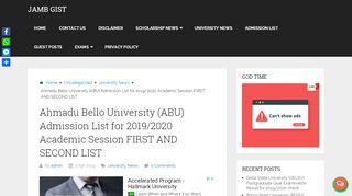 
                            8. ABU Admission List for 2019/2020 Academic Session click &check