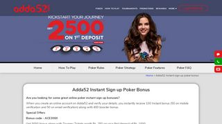 
                            2. Adda52 Instant Sign up Bonus Poker