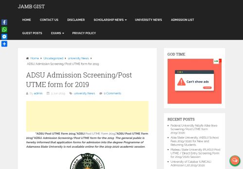 
                            2. ADSU Admission Screening/Post UTME form for 2019 - JAMB GIST