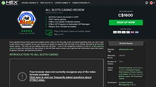 
                            6. All Slots Casino | Sign Up and Get C$1600 Bonus