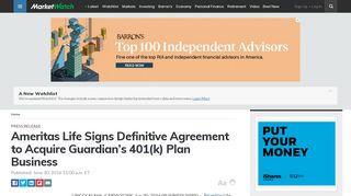 
                            5. Ameritas Life Signs Definitive Agreement to Acquire Guardian's 401(k ...