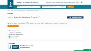 
                            4. Apiary Investment Fund, LLC | Complaints | Better Business ...